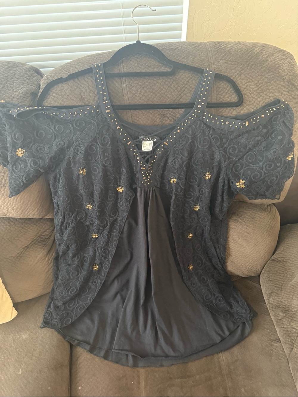 VENUS Black Cold-Shoulder Lace Top with Gold Stud Accents